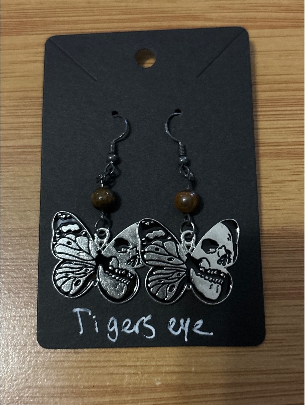 Silver Butterfly Dangle Earrings with Tiger Eye Beads